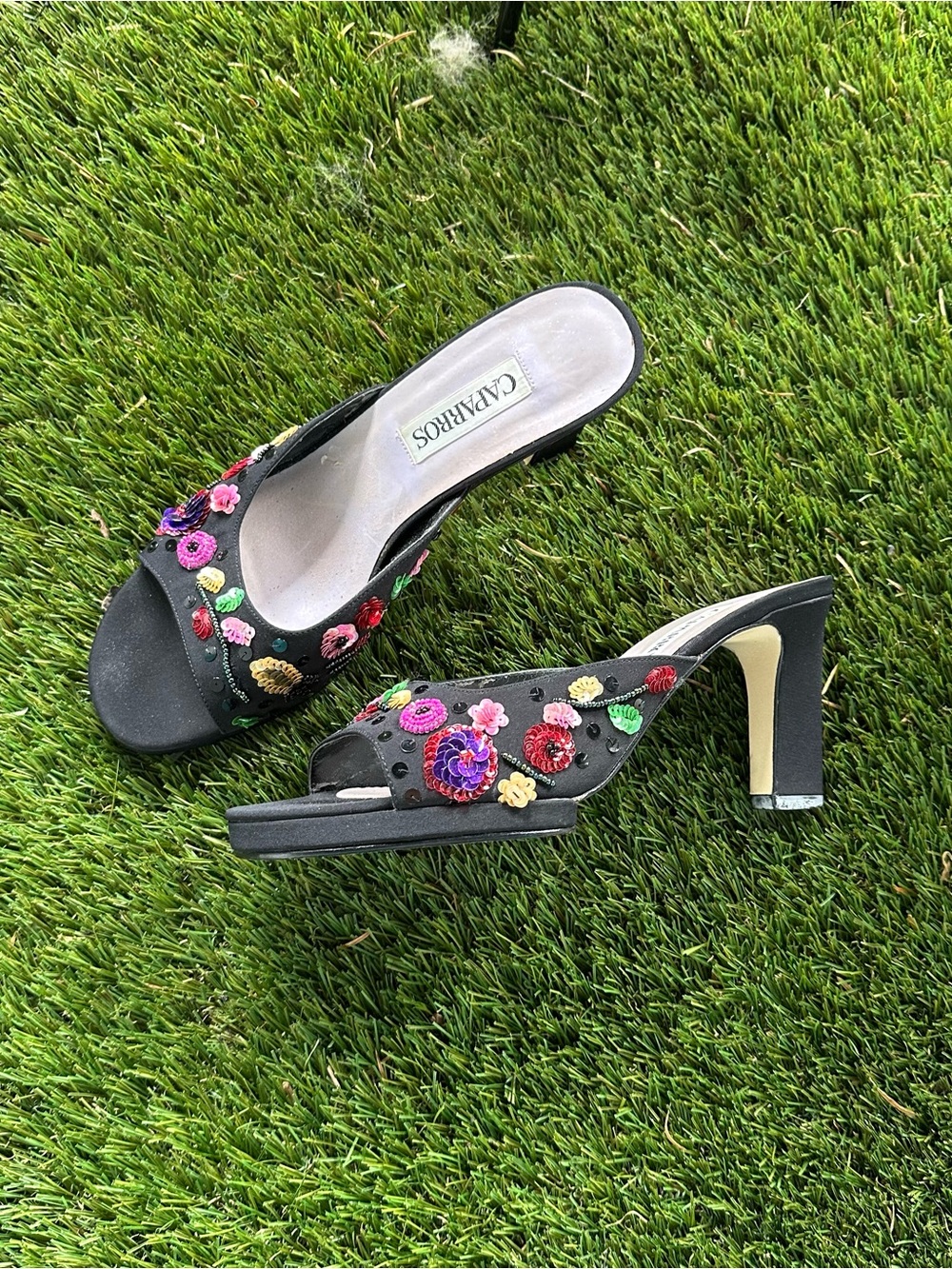 Black Floral Embellished Beaded Open-Toe Heels